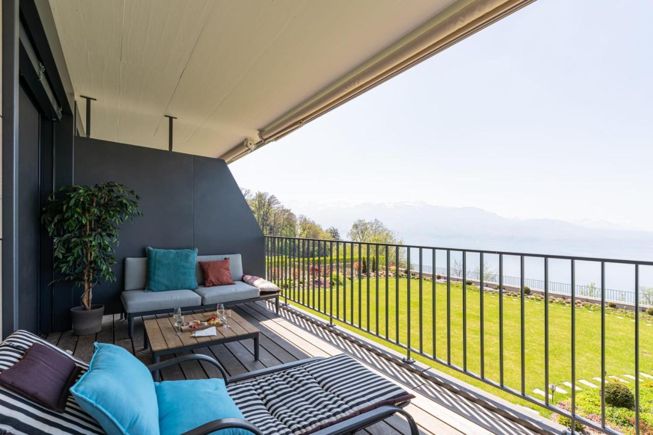 Les Terrasses De Lavaux 1 - Appartement De Luxe Avec Vue Panoramique Et Piscine Puidoux ภายนอก รูปภาพ