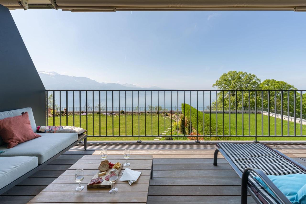 Les Terrasses De Lavaux 1 - Appartement De Luxe Avec Vue Panoramique Et Piscine Puidoux ภายนอก รูปภาพ